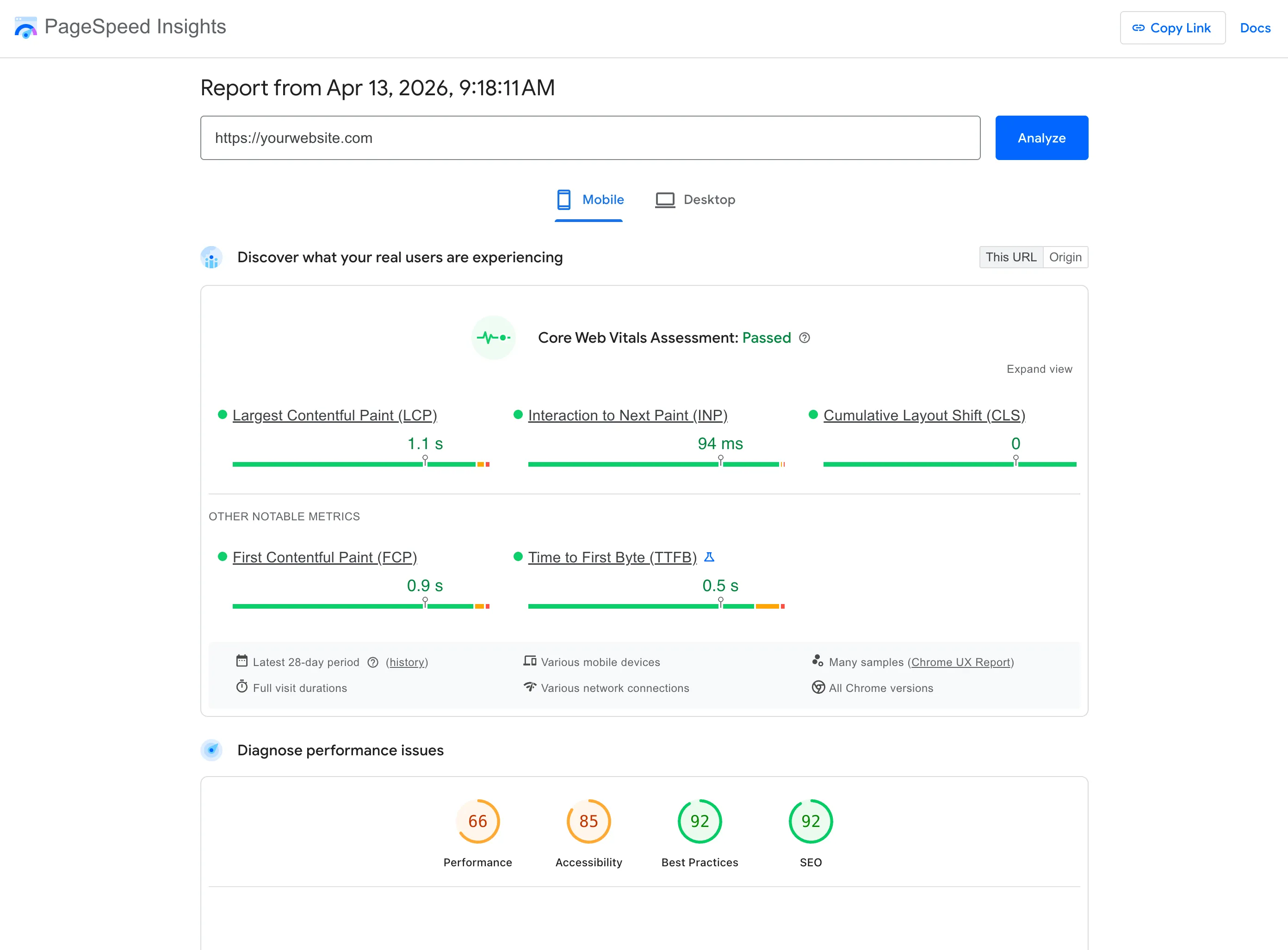 Google PageSpeed Insights results
